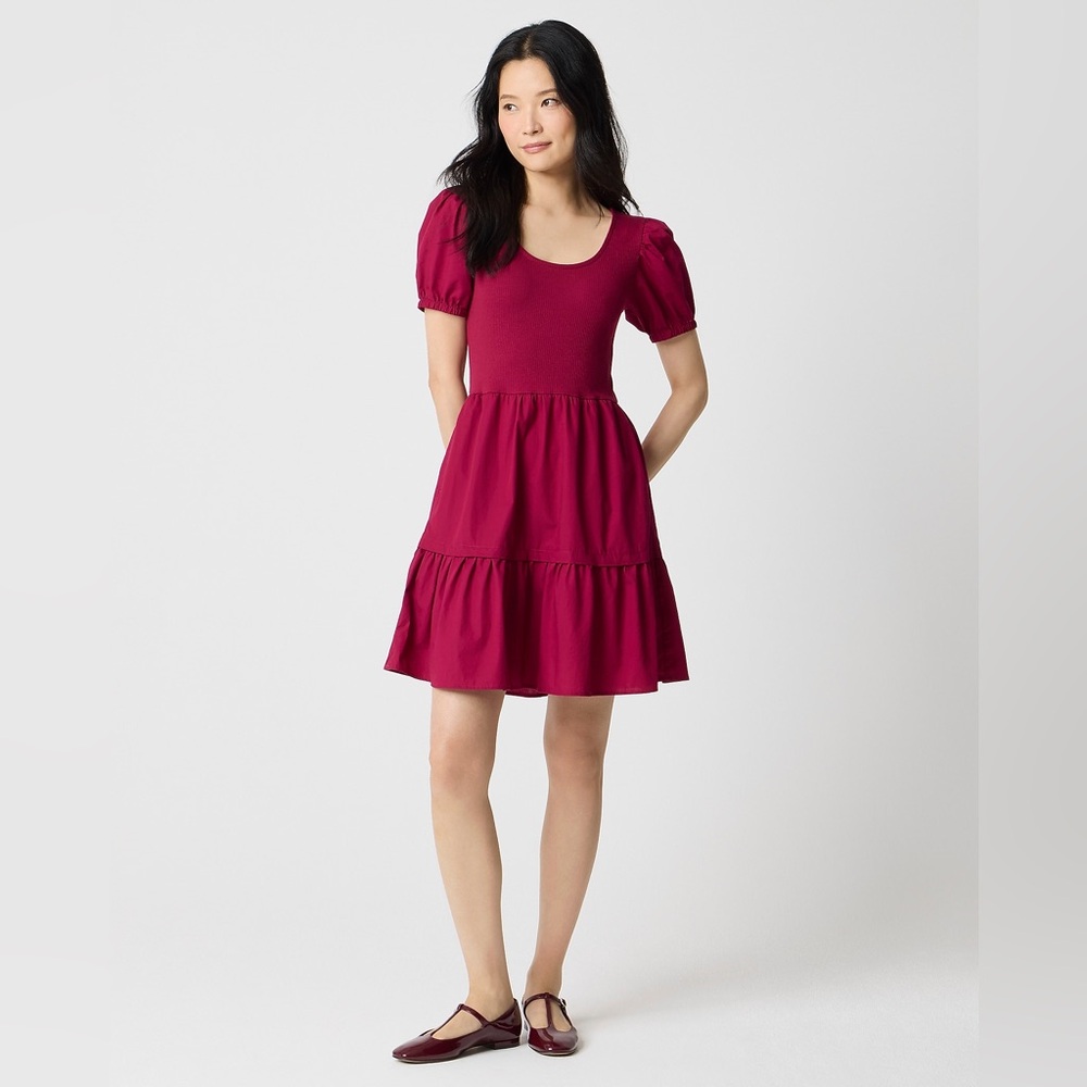 NWT J. Crew Factory Puff sleeve knit tiered mixy mini dress garnet red 1S